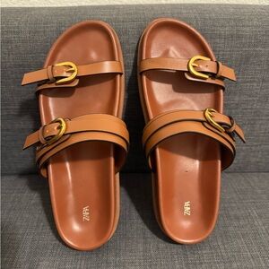 Zara Brown Leather Double-Buckle Slide Sandals with Gold Buckles